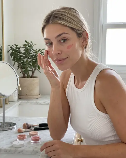 A beauty creator putting on blush at her vanity