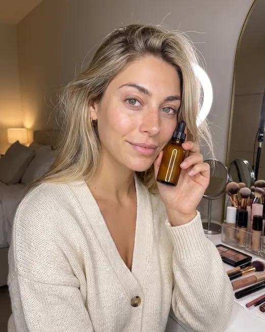 A beauty creator holding up a serum
