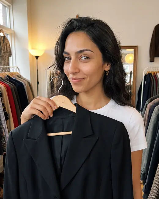 A fashion creator holding up a blazer in a vintage shop