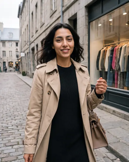 A fashion creator in a trench coat on a cobbled street
