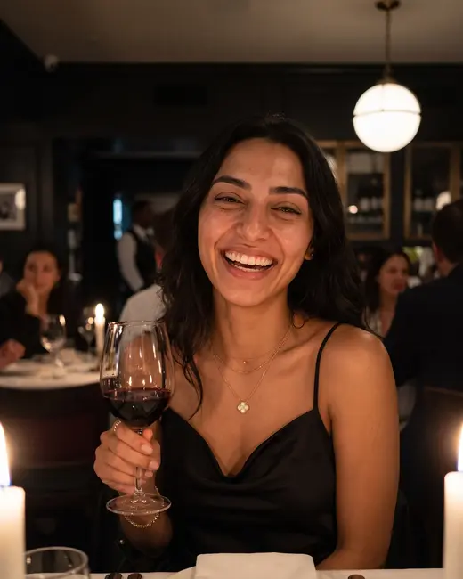 A fashion creator laughing over dinner