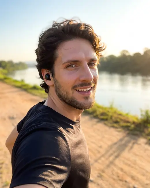 A fitness creator on a run by the river at sunrise
