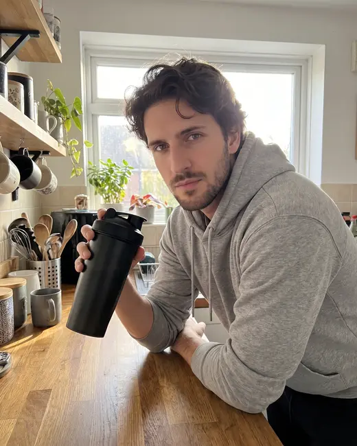 A fitness creator shaking a protein drink in his kitchen