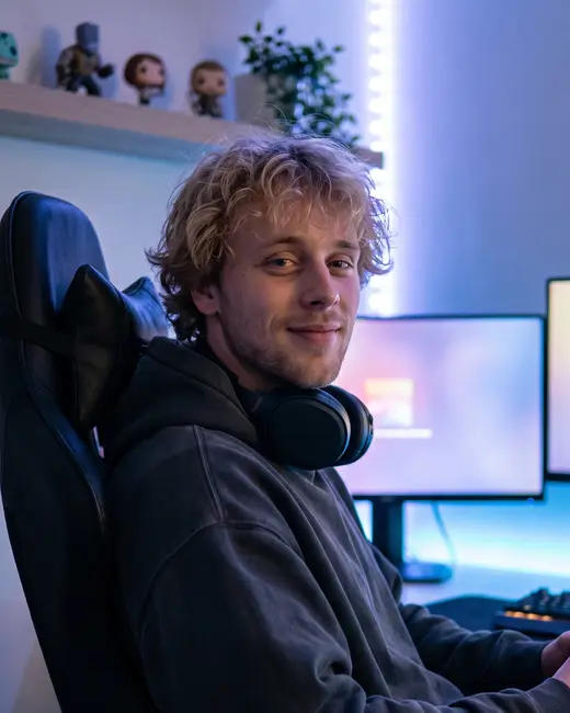 A gaming creator at his desk at night