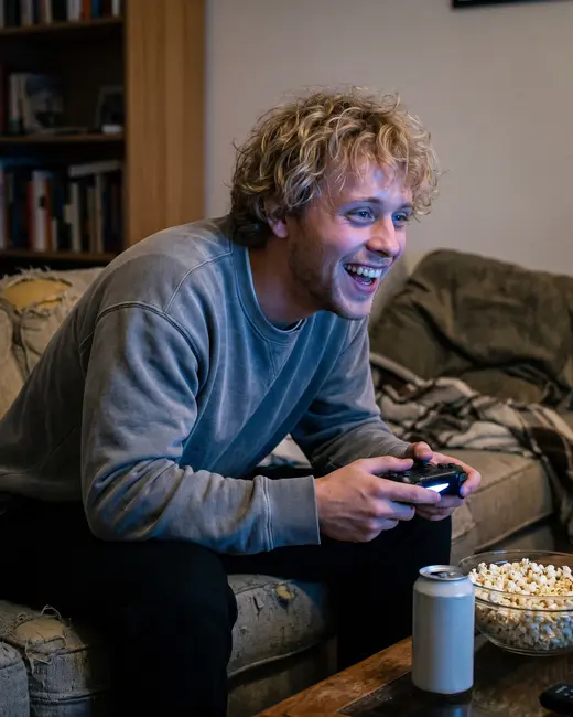 A gaming creator playing on the sofa