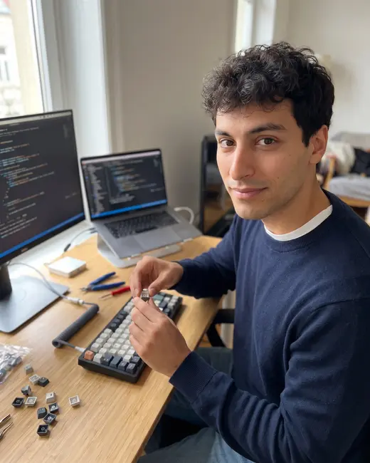 A tech creator building a keyboard by the window