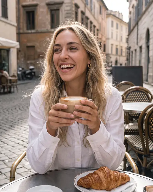 A lifestyle creator with a cappuccino at a café