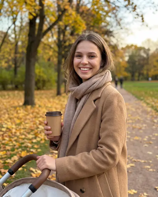 A mom creator pushing a stroller through an autumn park