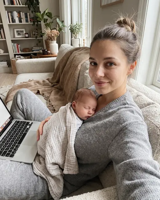 A mom creator with her sleeping baby on the sofa